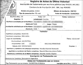 Documento del Registro de Actos de Última Voluntad con la constancia de inscripción de testamento a nombre de Iris Alba Bianchi