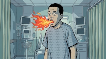 Ilustración de un hombre en bata de paciente de hospital en una habitación con equipos médicos. El hombre tiene fuego saliendo de su boca, con ojos abiertos.