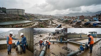 Reservorios de agua, tuberías, río con agua turbia, casas en colinas, y trabajadores con casco y chaleco operando válvulas en una zona lluviosa