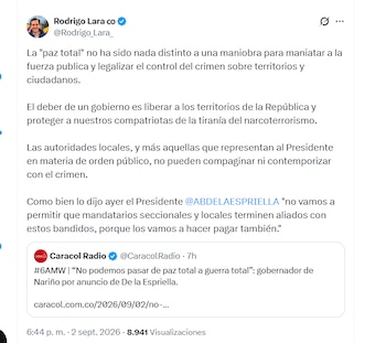 El ministro Rodrigo Lara cuestionó la Paz Total de Petro y defendió la postura de Abelardo de la Espriella al respecto - crédito @Rodrigo_Lara_/X