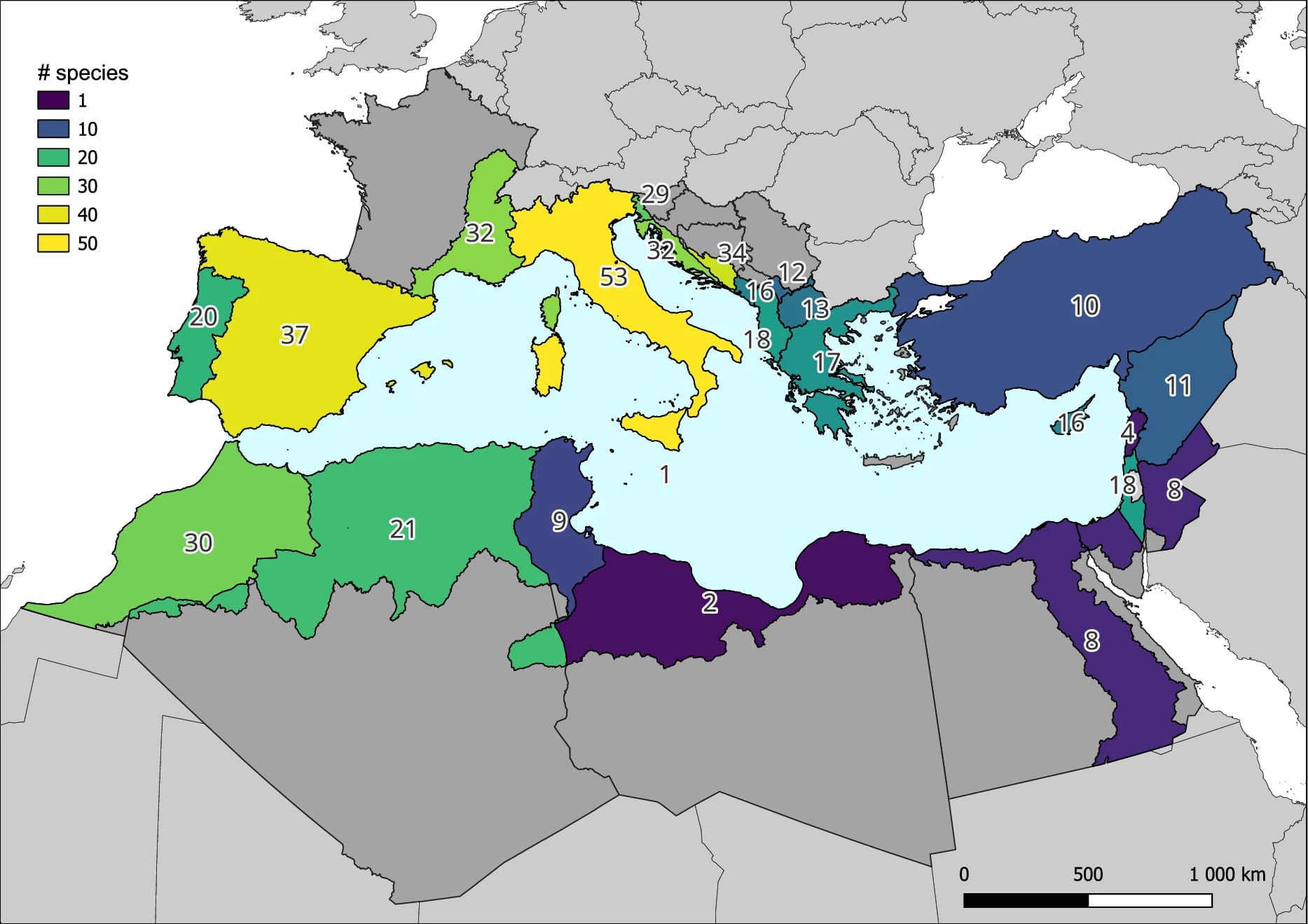Riqueza de especies de peces continentales no autóctonas establecidas en la región circummediterránea. (Cano-Barbacil, C., García-Berthou, E., Ribeiro, F. et al./Hidrobiología)