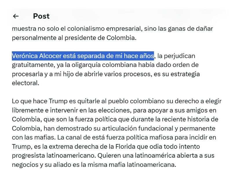 Con este mensaje, el presidente Gustavo Petro confirmó que está separado de Verónica Alcocer - crédito @petrogustavo/X
