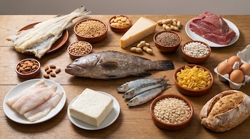 Variedad de alimentos sobre mesa de madera: pescados (bacalao, mero, sardinas), carne, huevos, quesos, legumbres, frutos secos, cereales y pan.
