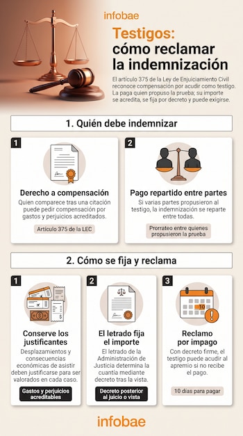 Infografía con una balanza de la justicia, un mazo y texto explicativo sobre el cobro de indemnizaciones para testigos.