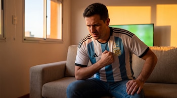 Hombre con camiseta de la selección argentina, tres estrellas en el escudo, sentado en un sofá claro, aprieta su pecho. Ventana y televisión al fondo.