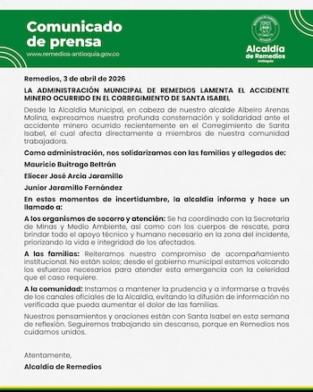 La Alcaldía de Remedios expresó su solidaridad con las familias de los mineros fallecidos y anunció acompañamiento institucional tras la emergencia ocurrida en Santa Isabel - crédito Alcaldía de Remedios