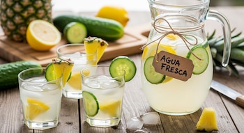 Una jarra y tres vasos de agua fresca con rodajas de pepino, limón y piña sobre una mesa de madera, con ingredientes frescos al fondo.