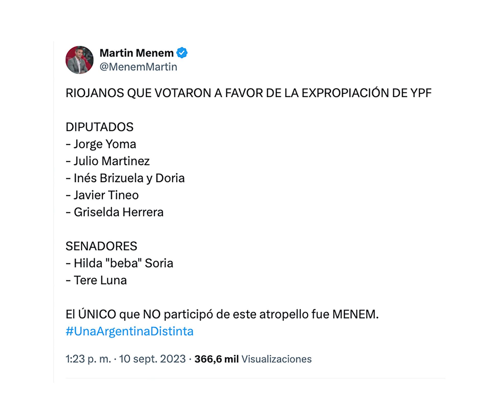 Martín Menem publicó la lista de legisladores riojanos que acompañaron la expropiación de YPF, tras el reciente fallo de la Justicia estadounidense