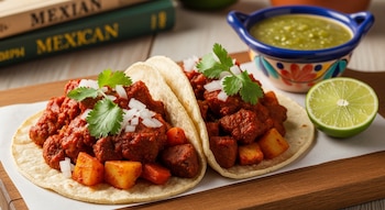 Dos tacos de tortilla de maíz con guisado de carne y patatas, cebolla picada, cilantro, tabla de madera, tazón de salsa verde, media lima y dos libros.