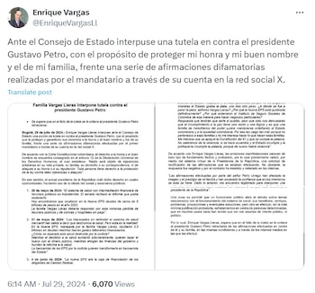 La tutela de la familia Vargas Lleras contra el presidente Gustavo Petro fue radicada ante el Consejo de Estado - crédito @EnriqueVargasLl / X