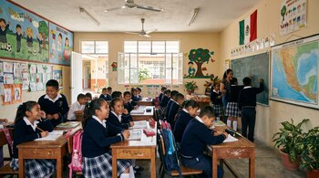 Vista de un salón de clases de primaria en México con muchos niños y una maestra. Las paredes tienen murales, un mapa de México y una bandera mexicana.