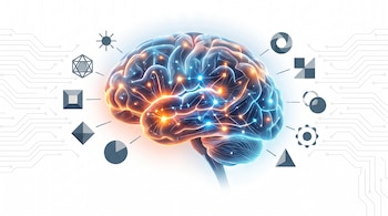 Un cerebro humano brillante con puntos de luz, líneas de circuito y diversos iconos geométricos alrededor sobre un fondo blanco.