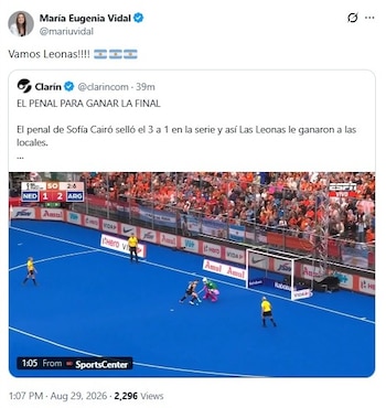 Captura de pantalla de una red social con un mensaje de María Eugenia Vidal y la repetición de un penal de hockey sobre césped