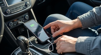 Las manos de una persona conectan un teléfono celular a un puerto USB dentro de un automóvil; el teléfono muestra que está cargando.