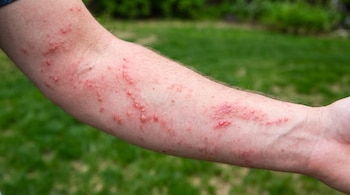 Brazo de un hombre con la piel irritada, presentando una erupción rojiza con ampollas pequeñas y grandes sobre un fondo verde borroso.