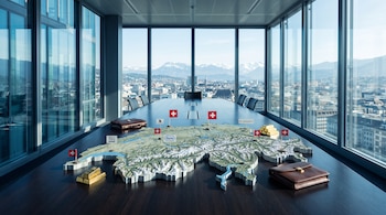 Maqueta tridimensional de Suiza sobre una mesa de reuniones, con banderas suizas, logos de Nestlé, Roche, Novartis, lingotes de oro y maletines. Fondo con ciudad y montañas.