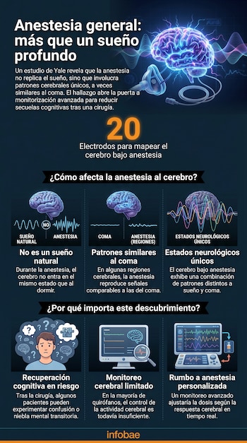 Infografía detallada sobre anestesia general. Muestra un cerebro iluminado, una máscara de anestesia y gráficos de ondas cerebrales comparando el sueño, coma y anestesia.