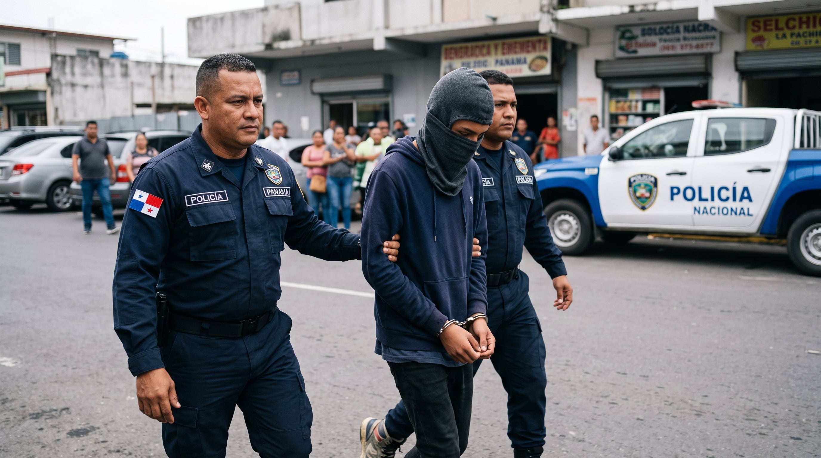 Agentes de la Policía Nacional de Panamá trasladan a un adolescente esposado y con el rostro cubierto tras su detención en la vía pública. (Imagen Ilustrativa Infobae)