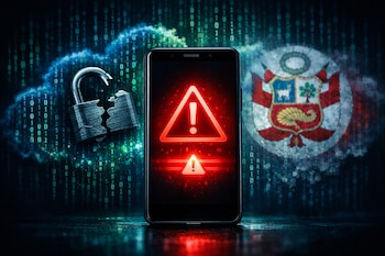 Teléfono móvil con alerta roja, candado roto y nube de código binario. Logo desvanecido del MTC Perú al fondo.