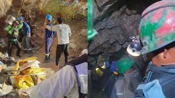 Imagen dividida. Izquierda: Personas, una con chaleco policial, entre rocas y sacos amarillos. Derecha: Mineros con cascos y linternas dentro de un socavón oscuro