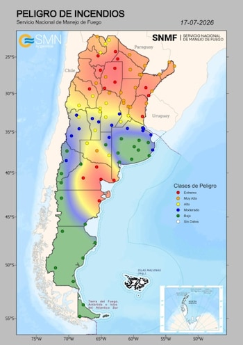 Córdoba mantiene un riesgo extremo de incendios por vientos fuertes, temperaturas de 26 °C o más y humedad muy baja