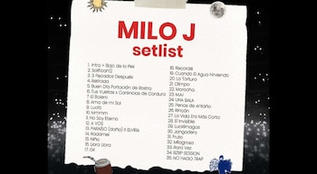 Un cartel blanco con "MILO J setlist" en rojo, listando 35 canciones en dos columnas. Incluye gráficos de un sol, luna y una taza de mate