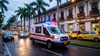 Ambulancia blanca con luces rojas y azules encendidas circulando en una calle mojada de Cali, con coches, edificios y palmeras a los lados.
