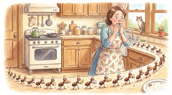 Una mujer con delantal en una cocina. Una fila de hormigas lleva trozos de comida sobre el suelo y la encimera. Un gato se asoma a la ventana.