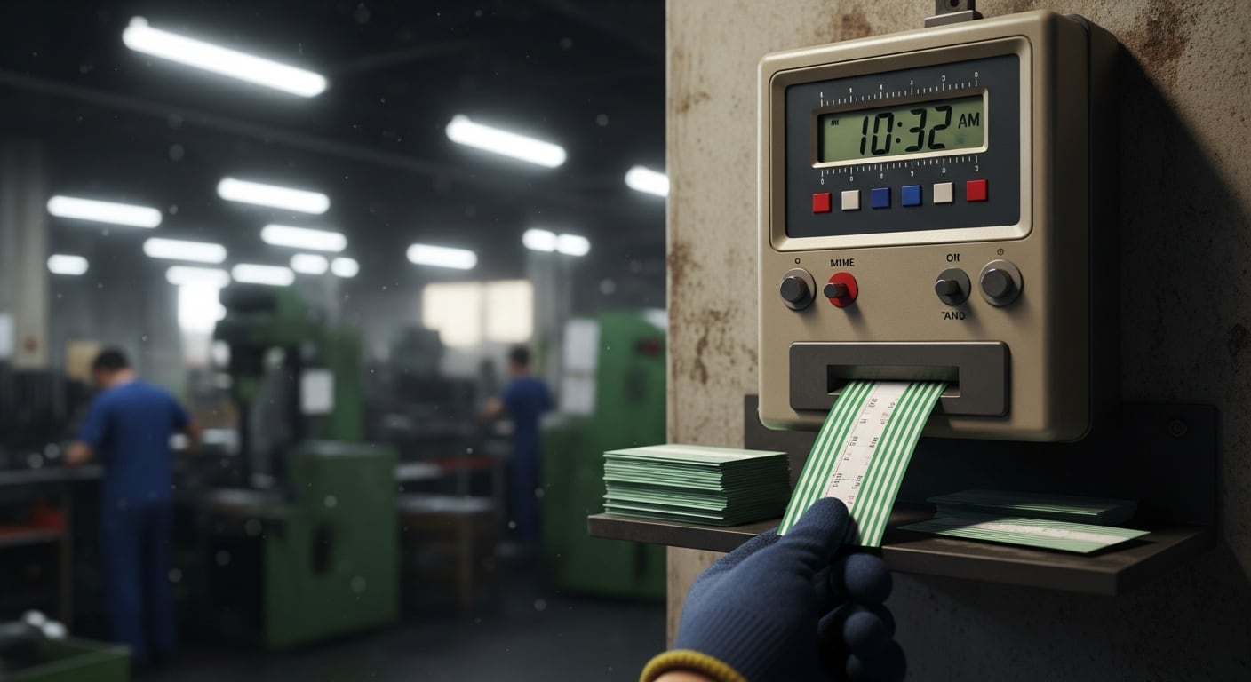 Un trabajador utiliza un reloj de control de jornada laboral para fichar en una fábrica industrial (Imagen Ilustrativa Infobae)