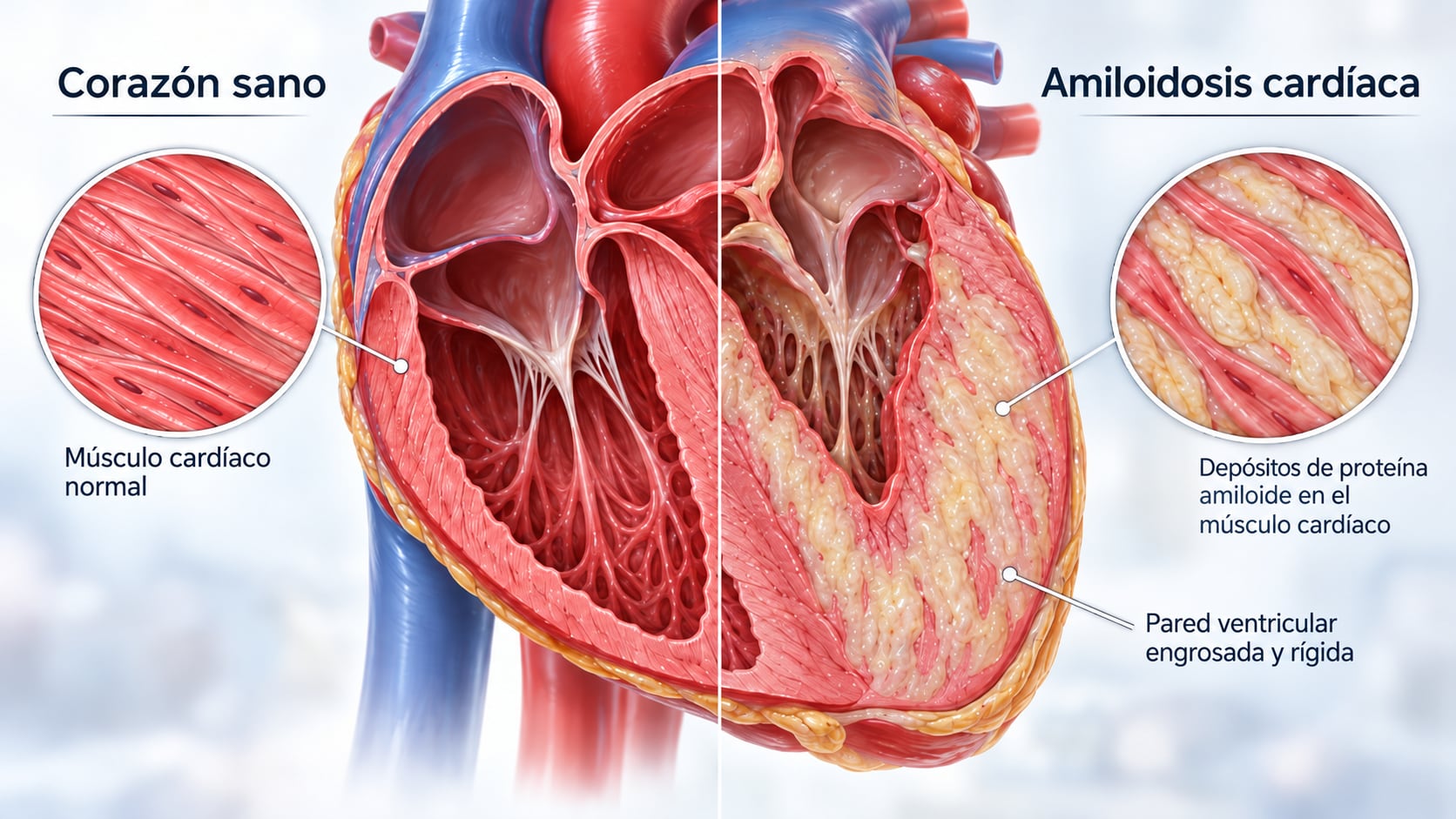 Una infografía médica compara la estructura de un corazón sano con la de uno afectado por amiloidosis cardíaca que presenta acumulación de depósitos proteicos. (Imagen Ilustrativa Infobae)