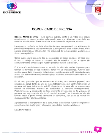El centro comercial, mediante un comunicado oficial, confirmó acompañamiento del caso y respuesta oportuna - crédito Centro Comercial Plaza Imperial