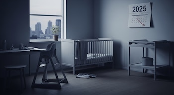 Habitación de bebé con cuna, cambiador, trona y un calendario de 2025 con una flecha roja hacia abajo en la pared, con una ciudad al fondo.