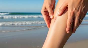 Primer plano de una persona examinando una pequeña herida rojiza en la pierna, con las manos rodeándola. Al fondo, la orilla de una playa y olas suaves en el mar.