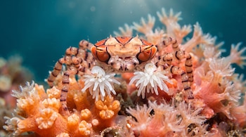 Cangrejo de caparazón anaranjado con patrones geométricos sostiene dos pequeñas anémonas blancas sobre una superficie de coral blando.