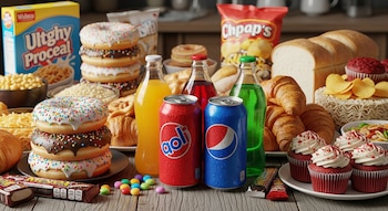 Donas, latas y botellas de refrescos, cruasanes, pan de molde, magdalenas, papas fritas, fideos, una caja de cereal, dulces y barras de chocolate sobre una mesa.