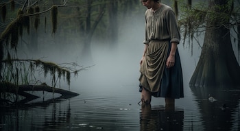 Mujer con ropa humilde de pie en un pantano cubierto de niebla, con sanguijuelas adheridas a sus piernas. Ramas con musgo y árboles emergen del agua oscura.