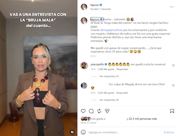 Mujer con blazer marrón, top negro y collar dorado y marrón posando; texto blanco "VAS A UNA ENTREVISTA..."; interfaz de Instagram con post de @lapozo
