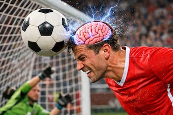 Futbolista cabecea un balón de fútbol en un partido, su cerebro está expuesto con descargas eléctricas y un portero se estira detrás.
