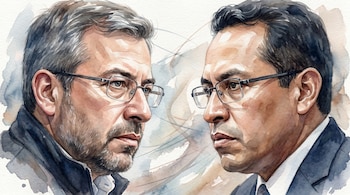 Retrato en acuarela de dos hombres con gafas. A la izquierda, Piero Corvetto con barba gris; a la derecha, Roberto Burneo con cabello oscuro.