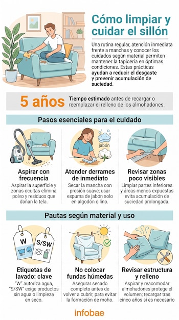 Infografía con ilustraciones sobre aspirado de muebles, lavado de fundas, etiquetas de cuidado y herramientas de mantenimiento.
