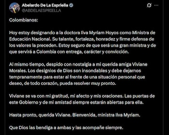 Abelardo de la Espriella anunció en X la salida de Viviane Morales del Ministerio de Educación el 2 de septiembre - crédito @ABDELAESPRIELLA / X