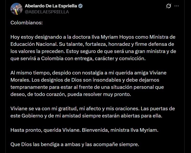Abelardo de la Espriella anunció en X la salida de Viviane Morales del Ministerio de Educación el 2 de septiembre - crédito @ABDELAESPRIELLA / X