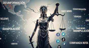 Estatua agrietada de la Dama de la Justicia, vendada, con espada y balanzas. Fondo digital con mapa de Centroamérica, palabras y logos de redes sociales.