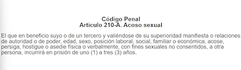 El artículo 210-A del Código Penal, correpondiente al delito de acoso sexual, indica que la pena en prisión oscila entre uno y tres años - crédito Código Penal Colombiano/Leyes.co
