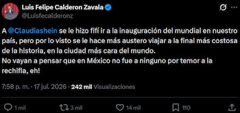 En un mensaje difundido en redes, Calderón Zavala acusa a la mandataria de tener “doble discurso” y cuestiona que evitara la apertura en territorio nacional, pese a viajar después al cierre del torneo