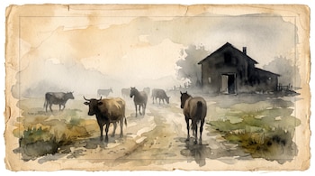 Acuarela sobre papel envejecido con vacas, caballos y una casa de madera en un camino de tierra entre la niebla.