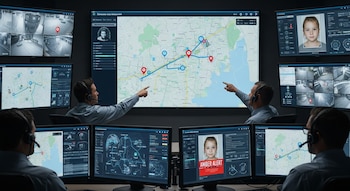 Sala de control con operadores frente a múltiples pantallas que muestran mapas con rutas, cámaras de seguridad y una Alerta Amber con la foto de una niña.