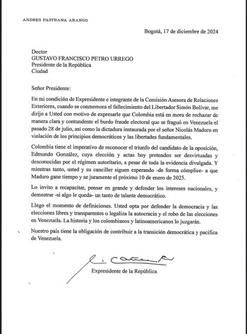 Carta dirigida a Gustavo Petro, donde invita al jefe de Estado "recapacitar" por su posición con Venezuela - crédito @AndresPastrana_/X