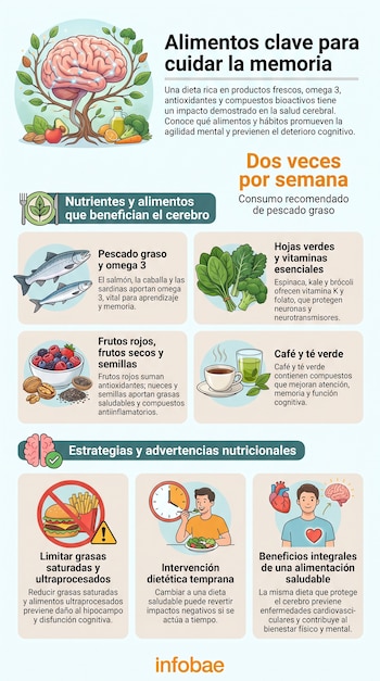 Infografía que muestra un cerebro como un árbol rodeado de alimentos como pescado, hojas verdes, frutos rojos, frutos secos, café y té, con consejos dietéticos.