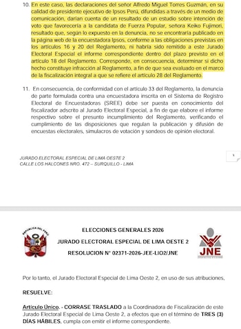 Documento oficial del Jurado Electoral Especial de Lima Oeste 2, mostrando la Resolución N° 02371-2026-JEE-LIO2/JNE sobre elecciones 2026 y texto legal